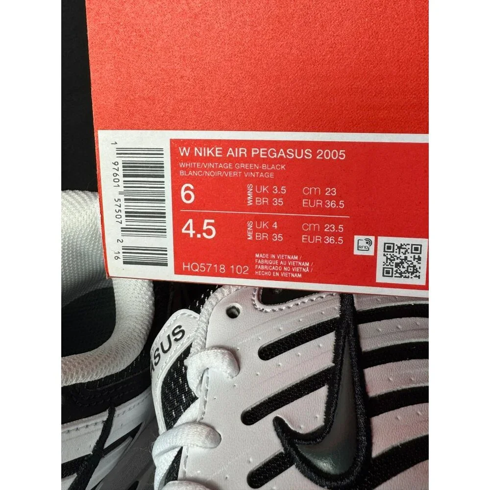 H105- SIZE 6 WOMENS NIKE AIR PEGASUS 2005 WHITE/VINTAGE GREEN-BLACK HQ5718 102 - Picture 6 of 10